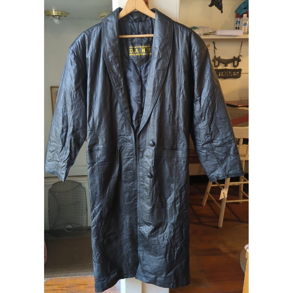 NWT 90s Vintage Womens S Black Leather Trench Duster Coat Direct Action New York
